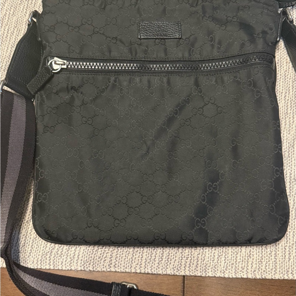 Gucci Black Logo Nylon Crossbody Bag with Silver-Tone Zipper